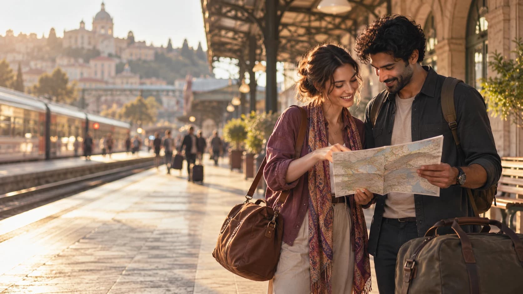 A couple planning a journey together at a railway station